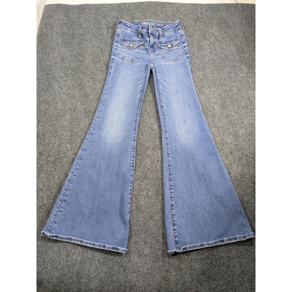 American Eagle Flare Jeans Womens 0 Blue Next Level Stretch Front Flap Pockets